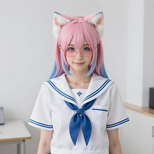 Young Woman with Colorful Hair in Sailor Uniform