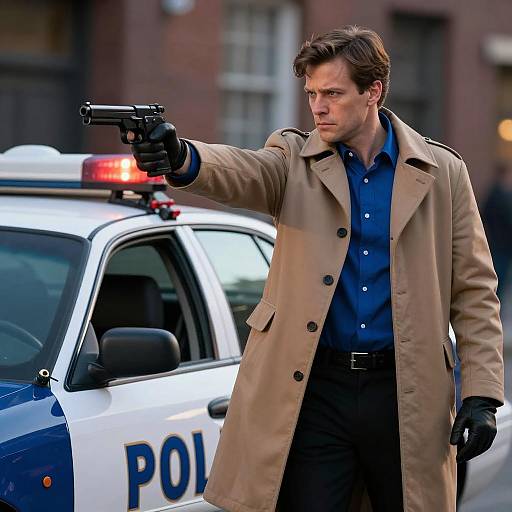 Intense Man with Police Car in Urban Night