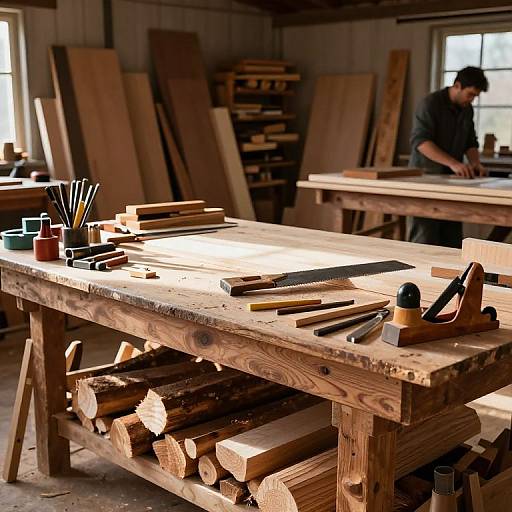 Photograph of a cluttered woodworking shop with sunlight streaming in, showing a wooden workbench with tools, chisels, and a man in the