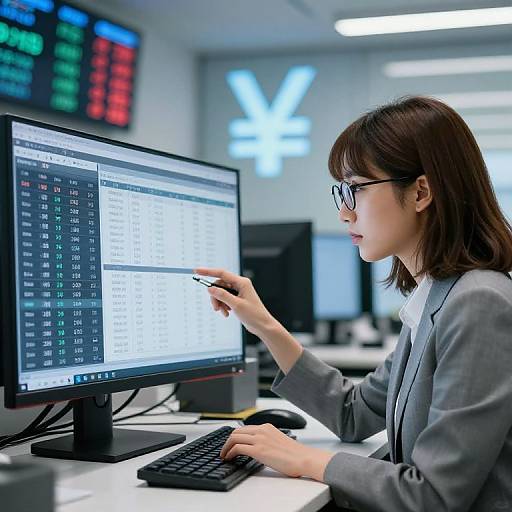 Photograph of an Asian woman with glasses, in a gray suit, seated at a computer in a brightly lit trading room, pointing at the screen displaying