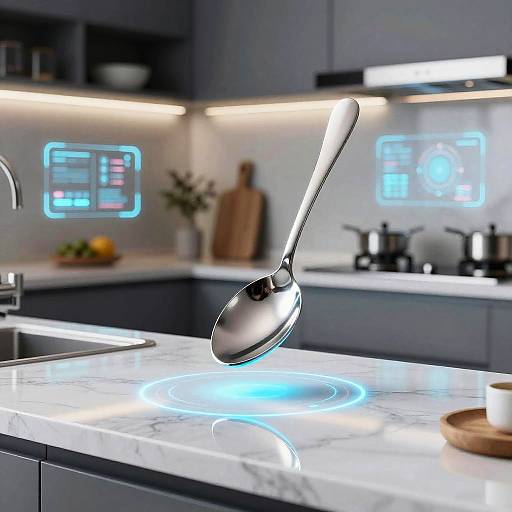 Photorealistic CGI of a modern kitchen: a metallic spoon hovers above a glowing blue induction cooktop on a marble countertop. Background features sleek