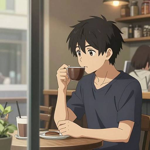Anime-style digital drawing of a black-haired boy in a navy shirt, sipping from a brown teacup at a café. Background includes blurred patrons