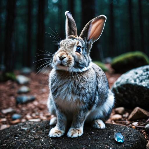 Rabbit with Blue Eyes and Crystal in Woodland