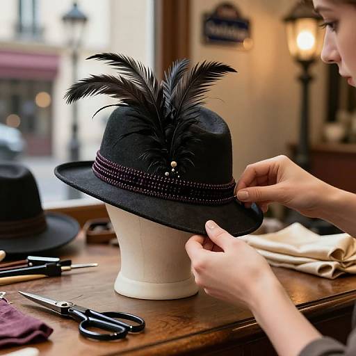 Photograph of a person adjusting a black, feather-adorned hat on a white stand in a vintage hat shop, with tools and other hats on
