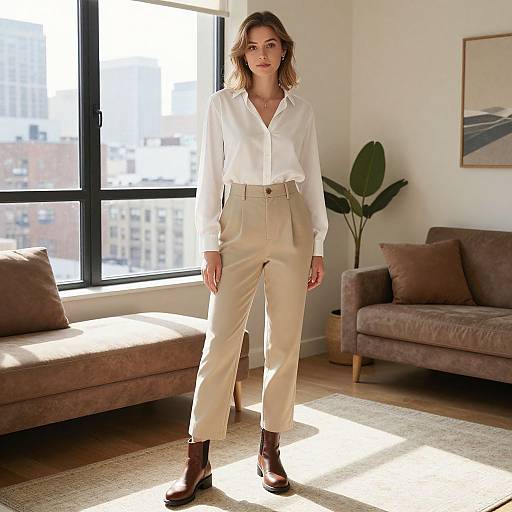 Photograph of a woman with wavy brown hair, wearing a white blouse, beige high-waisted pants, and brown ankle boots, standing in