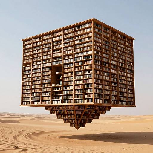 Colossal Floating Library Above Desert