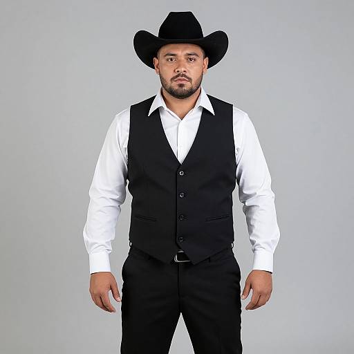 Photograph of a bearded man with light brown skin, wearing a black cowboy hat, white dress shirt, black vest, and black pants, standing