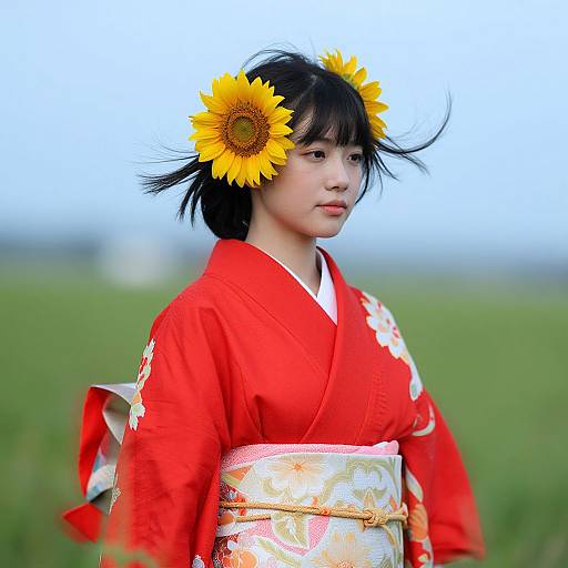Photograph of an Asian woman in a red kimono with sunflower hairpiece, standing in a green field against a blue sky.