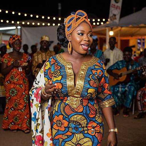 Photograph of a smiling African woman in vibrant, gold-trimmed, blue and orange floral dress, with matching headwrap, at a lively,