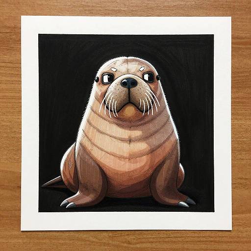 Digital drawing of a cute, wide-eyed seal with exaggerated features, sitting against a black background, framed by a white border on a wooden surface.