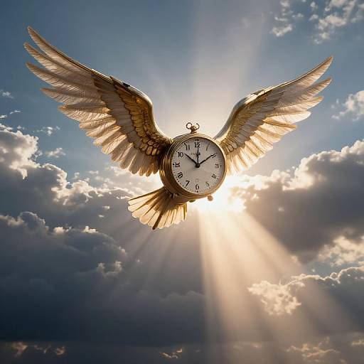 Photograph of a clock with angel wings soaring in a bright sky, sun rays streaming through clouds behind it.