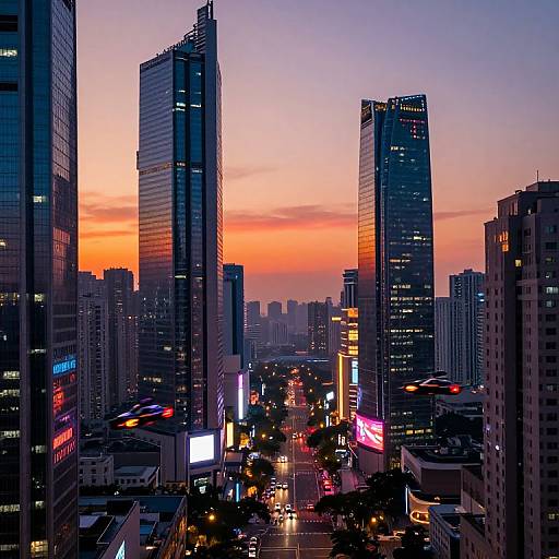 Photograph of a cityscape at sunset, featuring tall, illuminated skyscrapers with reflective glass, colorful neon signs, and a vibrant orange-purple sky