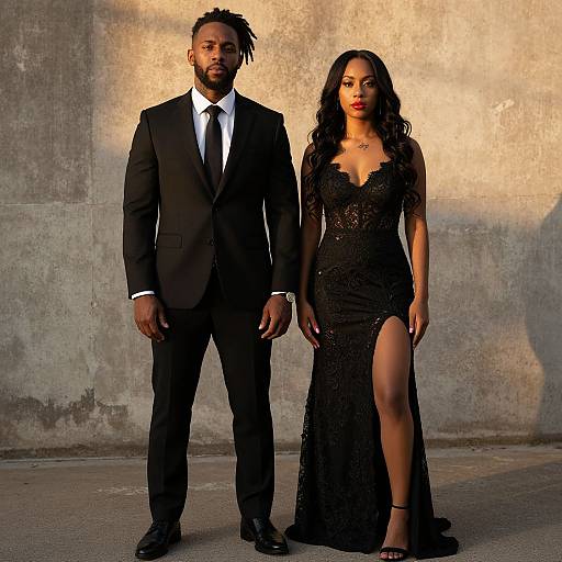 Photograph of a tall Black man in a black suit with a white shirt and black tie, standing beside a Black woman in a black lace dress with