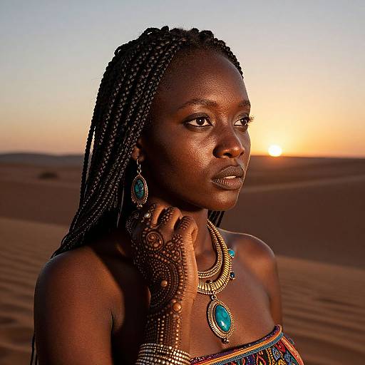 Photograph of a dark-skinned African woman with braids, wearing turquoise jewelry, in a desert at sunset, gazing into the distance.