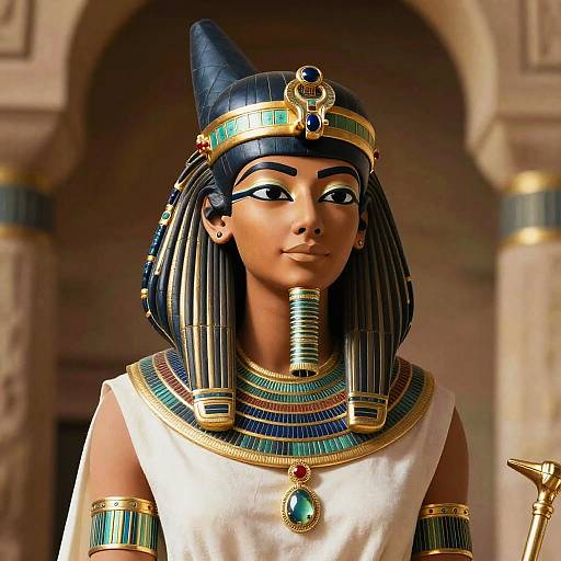 Photorealistic CGI of an Egyptian queen with dark skin, black striped headdress, gold and turquoise jewelry, white dress, and temple background.