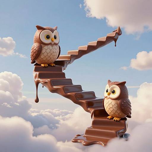 CGI image of two cute, cartoon-style owls with brown feathers and yellow eyes, standing on a melting chocolate staircase against a bright blue sky with