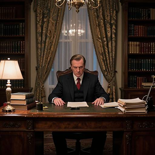 Photograph of a middle-aged, serious-looking man in a dark suit with a red tie, sitting at a wooden desk in a dimly lit,