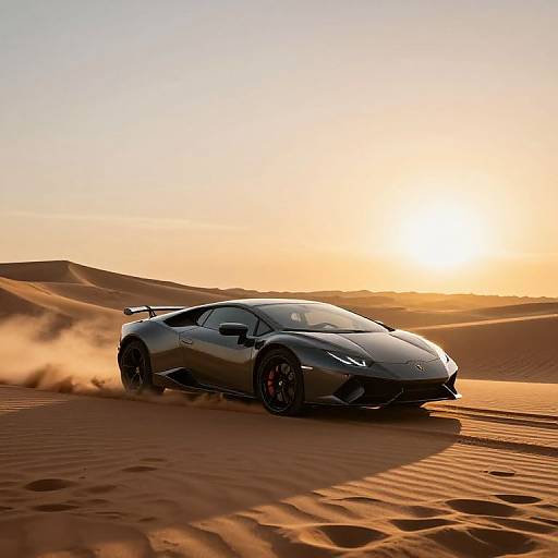 Photorealistic digital artwork: sleek black sports car with red accents speeding through golden desert sand dunes at sunset. Dust trails behind.