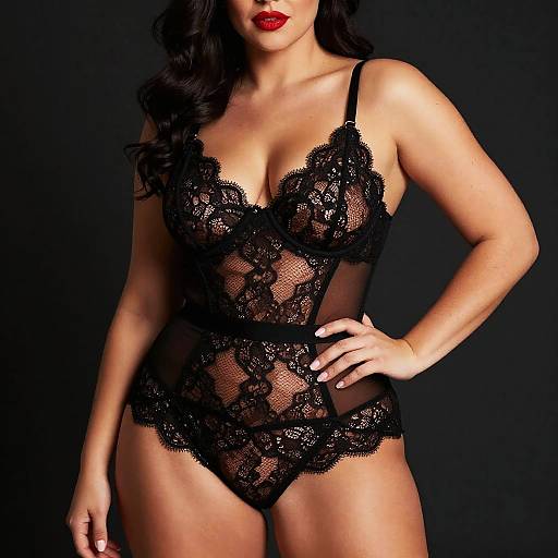 Photograph of a curvy woman with long black hair, wearing a sheer black lace bodysuit, red lipstick, and a confident pose against a