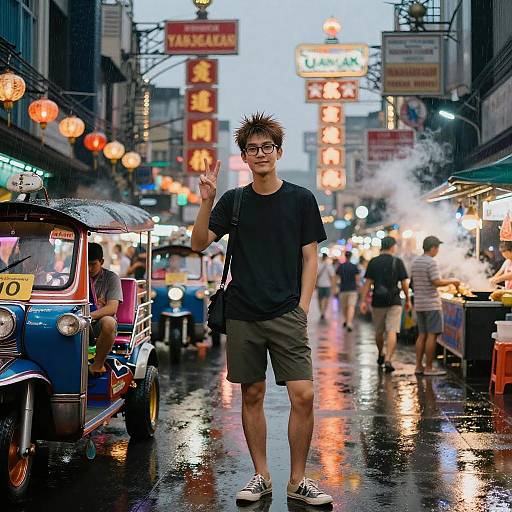 Stylish Thai Man in Neon Bangkok Alley