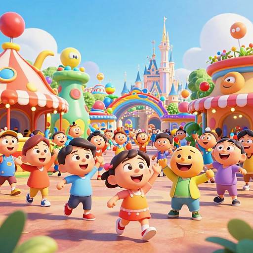 Colorful cartoon children joyfully dancing in a vibrant, whimsical theme park with a rainbow arch and castle in the background.