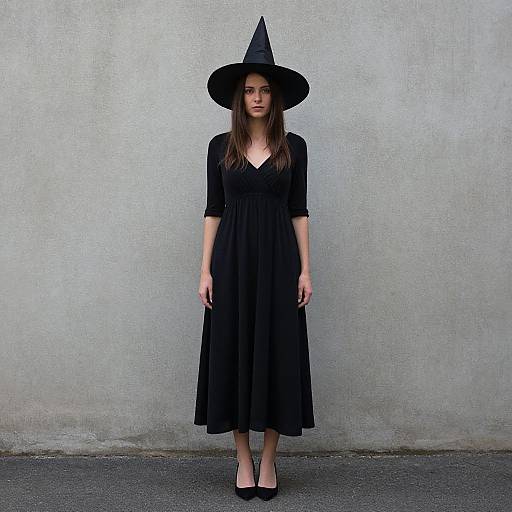 Photograph of a young woman with straight brown hair, wearing a black witch hat and dress, black shoes, standing against a plain gray concrete wall.