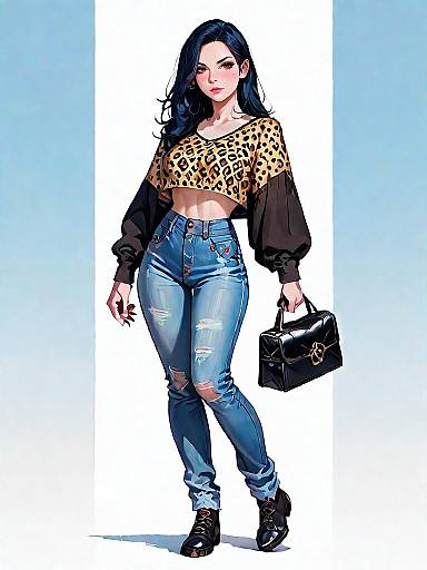 Stylish Woman in Leopard Print Top and Distressed Jeans