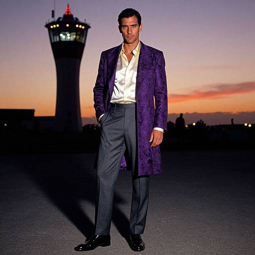 Photograph of a confident man in a purple velvet blazer, white shirt, and gray pants, standing in front of a sunset sky with a sil