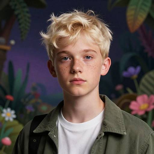 Teenage Boy in Surrealist Vaporwave Botanical Portrait