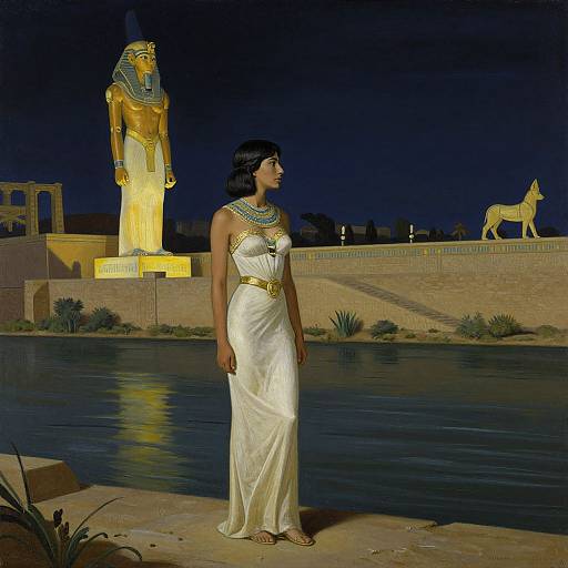 Photograph of a dark-haired woman in an ancient Egyptian white gown and blue necklace, standing by a night-lit, reflective pool, with golden statues
