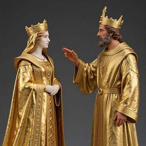 Photograph of a white-faced queen and bearded king in golden, ornate medieval-style robes and crowns, standing against a dark background. The