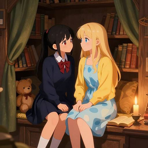 Anime-style drawing of two girls sitting on a bookshelf, one in a black school uniform, the other in a blue polka-dot dress, with