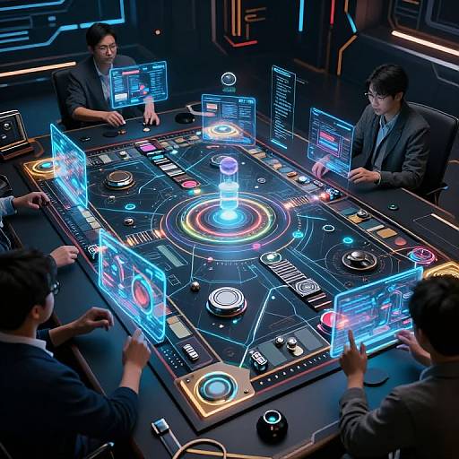 Photograph of four men in suits operating a futuristic, glowing, holographic control panel with neon lights in a high-tech room.