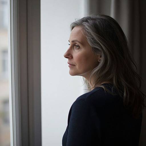 Photograph of a middle-aged woman with gray hair, wearing a black top, gazing thoughtfully out a window, bathed in soft natural light