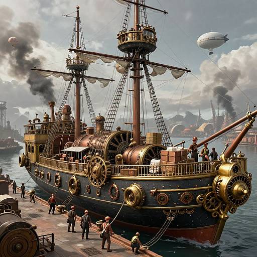 Digital artwork of a steampunk-style, intricately detailed, large wooden ship with golden accents, docked in a bustling, industrial harbor with smoke