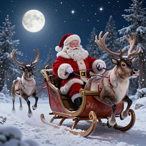 Santa Riding Sleigh Over Snowy Forest