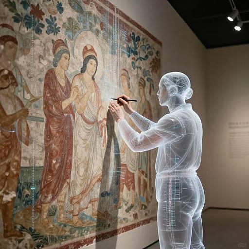 Digital rendering of a translucent, white, overweight figure using a stylus to interact with a colorful, ancient fresco in a museum.