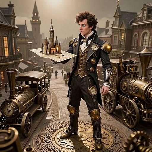 Steampunk-style young man with curly brown hair, gold-accented black suit, holding miniature city, standing on ornate train track in Victorian