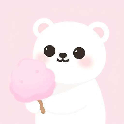 Cute digital drawing of a white, fluffy, cartoon dog with large black eyes, pink cheeks, and a small pink treat in its mouth against a