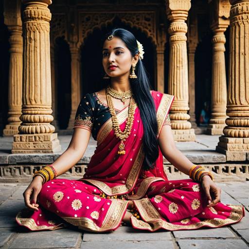 Indian Classical Dancer in Traditional Sari at Temple Courtyard