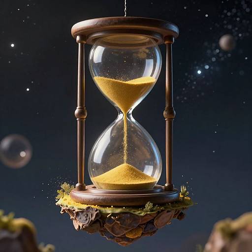 Photorealistic digital artwork of an hourglass with golden sand, suspended in space, surrounded by floating bubbles and stars.