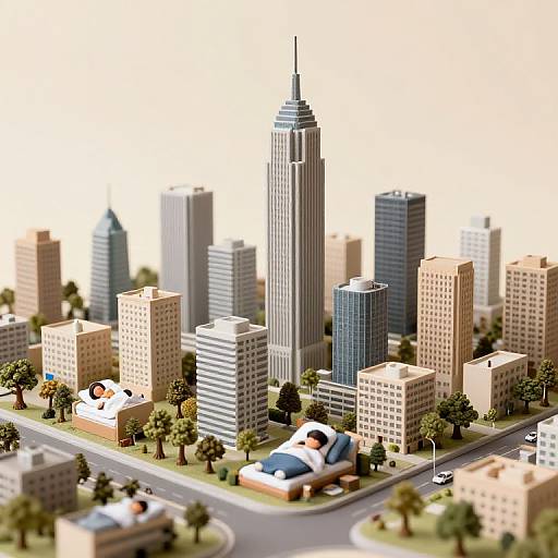 Photorealistic miniature cityscape with skyscrapers, a prominent central tower, a sleeping person on a sidewalk, trees, and cars on a busy