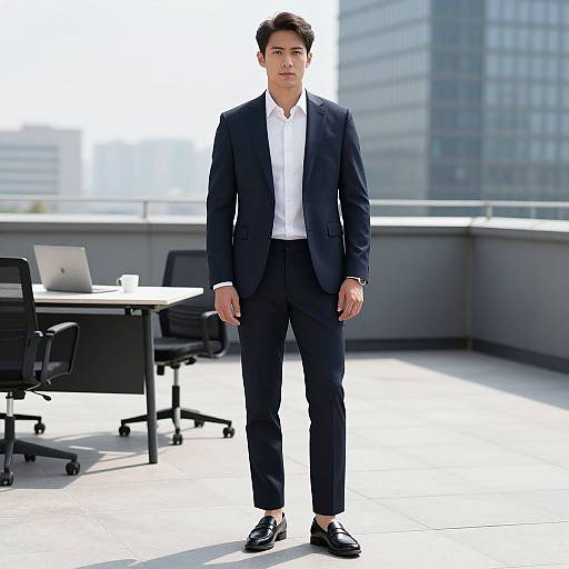 Photograph of a young Asian man in a black suit, white shirt, and black shoes standing confidently on a sunlit rooftop office terrace, with modern