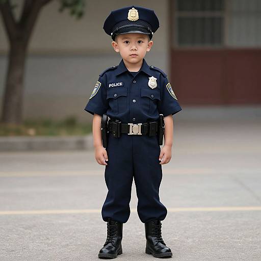 Photograph of a young, serious-faced, light-skinned boy in a dark blue police uniform, standing on a street with blurred background.
