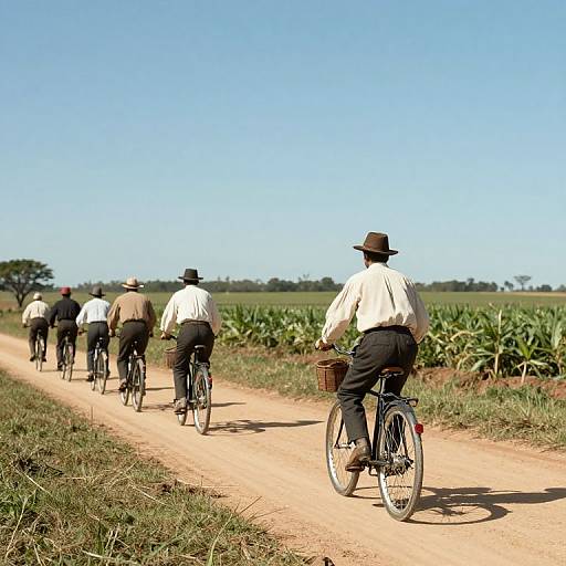 Photograph of six men in white shirts and black pants riding bicycles on a dirt road through a lush green field under clear blue sky.