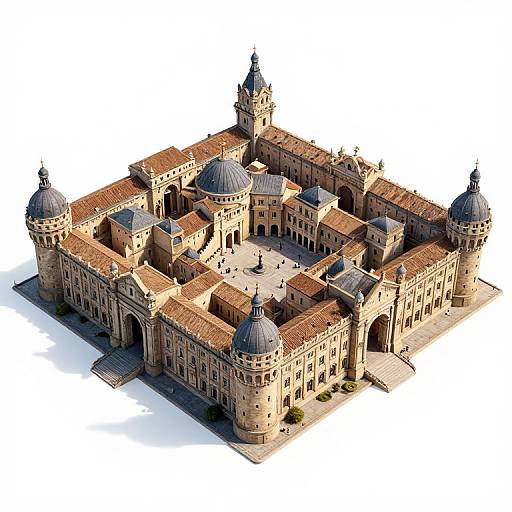 Isometric CGI of a grand, beige stone cathedral with multiple domes, tall towers, and red-tiled roofs against a white background.