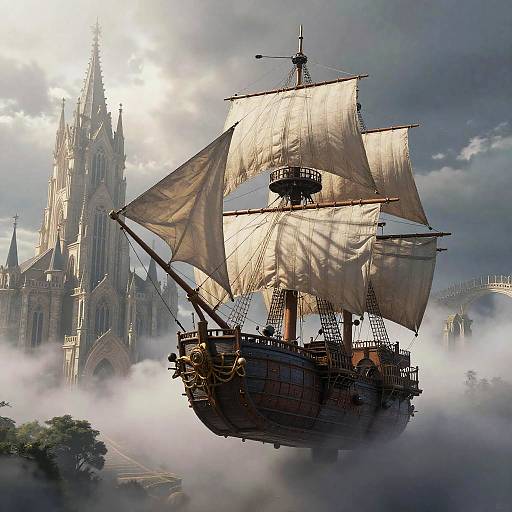 Fantasy Airship Sailing Past Gothic Castle