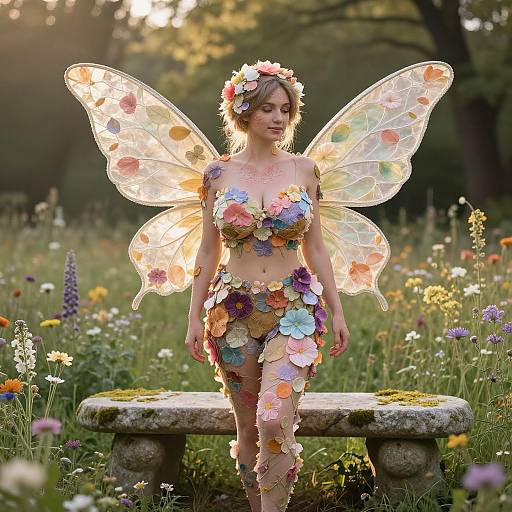 Photograph of a fairy woman with flower-wings, flower-bra, and flower-skirt, standing in a sunlit meadow, wearing a