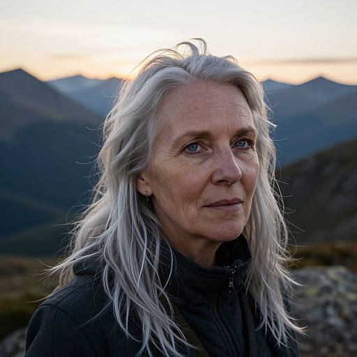 Photograph of an elderly woman with long, silver hair, wearing a black jacket, standing in a mountainous landscape at sunset.