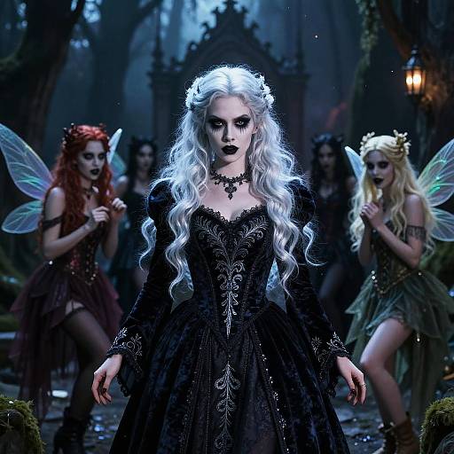 Photograph-style digital artwork of a pale-skinned, silver-haired fairy queen in a black, ornate dress with glowing wings, surrounded by red and